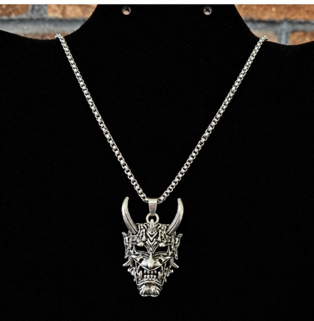 Devil Necklace Silvertone Head Horns and Chain Demon Krampus